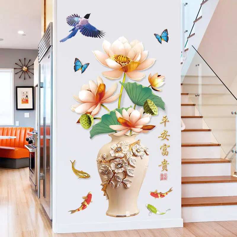 Vase 3d Autocollant Mural Orchidées et Paix Décoration Maison Pvc Personnaliseur Chambre Décalcomanie Facile DIY Autocollants Amovibles