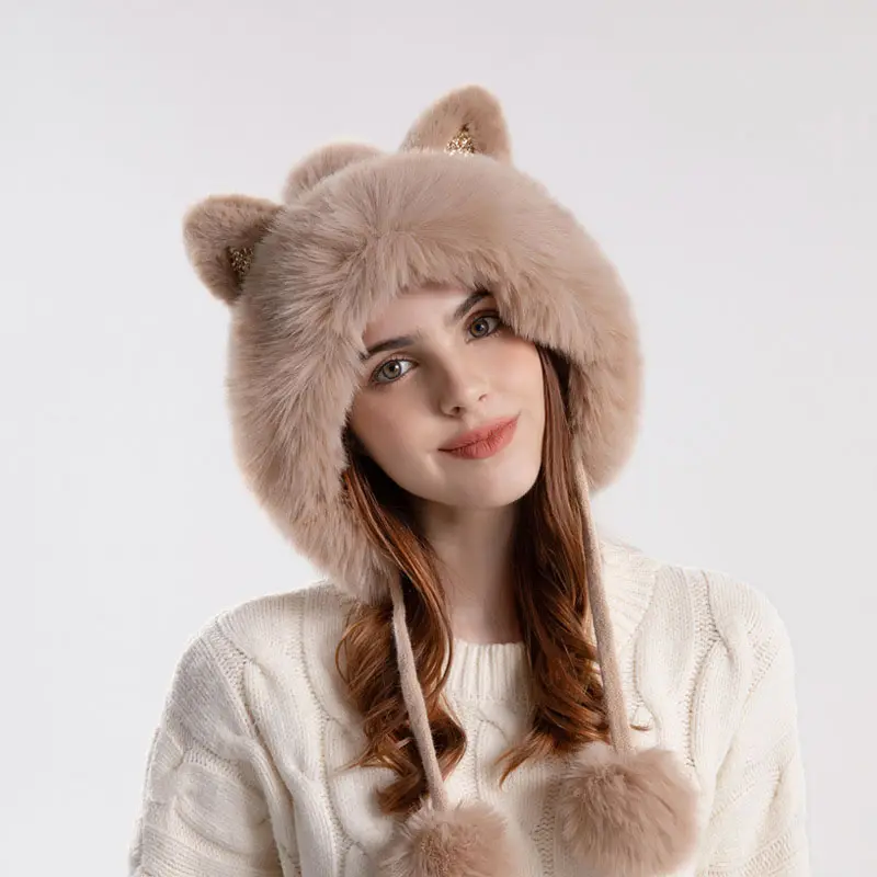 TS คุณภาพสูงสตรีฤดูหนาวตุ๊กตาน่ารักแมวหูหมวก Furball ถักหมวก