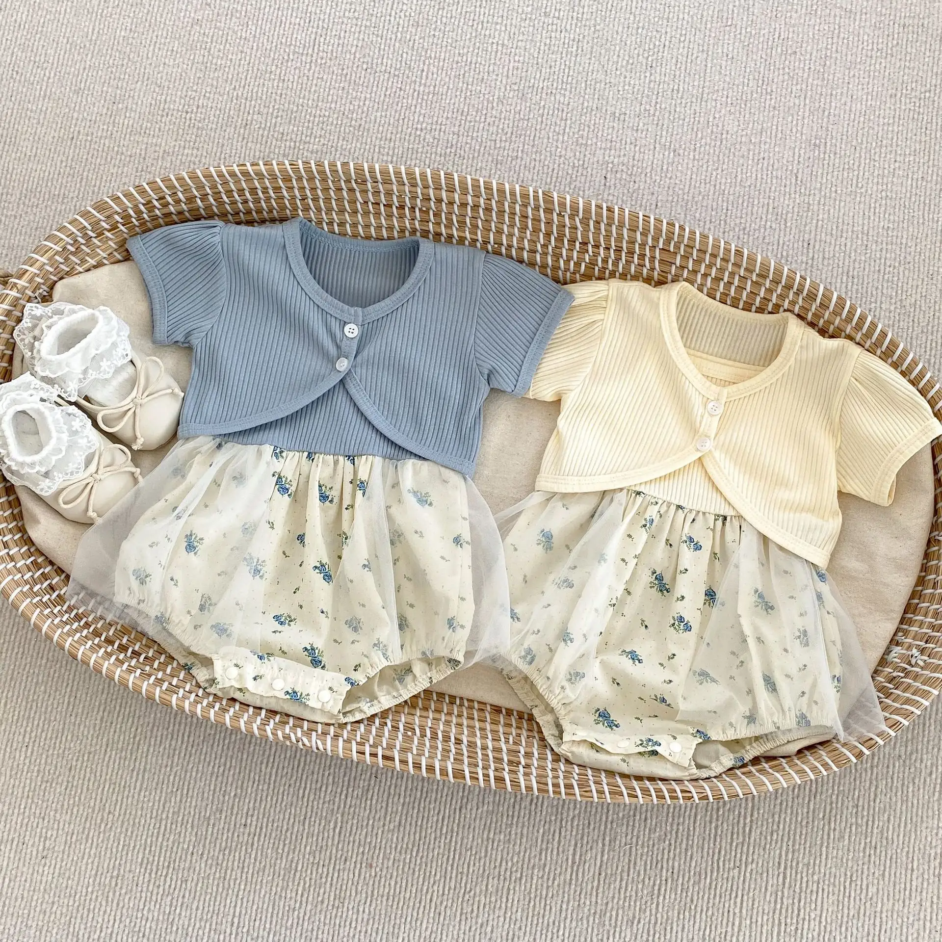 Verano bebé niña floral Sling Vestido de bebé fino bebé malla onesie mameluco + chaqueta desmontable