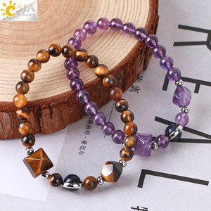 CSJA Wholesale Pyramid Charms 6mm Healing <strong>Pink</strong> Quartz Obsidian Crystal Natural Stone Round Bead Gemstone Bracelet for Women H097