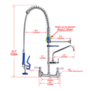 Thương mại Nhà bếp Vòi Mixer 37/31inch treo tường bồn rửa tap với xử lý duy nhất 3mm 304sus đồng thau dày trước khi rửa sạch đơn vị + 304sus - Product Image 3