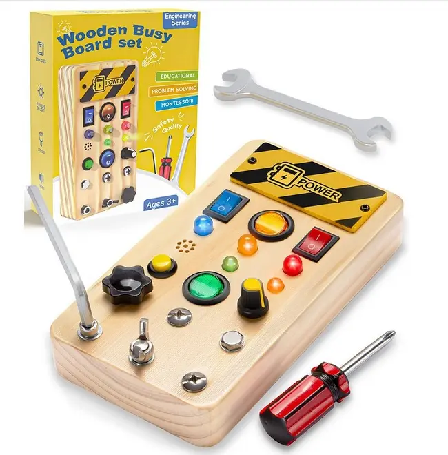 Brinquedo educativo Montessori LED interruptor de luz brinquedo criativo botão de madeira sensorial engraçado brinquedo de tabuleiro ocupado