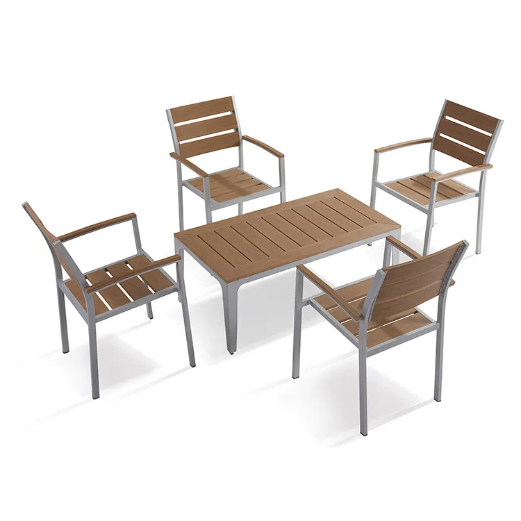 Muebles de jardín de aluminio con 4 sillas de madera de plástico y mesa auxiliar Juego de mesa y comedor de madera sintética de 5 piezas para café