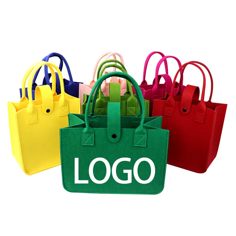 Bolso de fieltro con logotipo impreso personalizado, bolso de compras de fieltro al por mayor, bolso de almacenamiento ecológico a precio económico y reutilizable con colores a juego