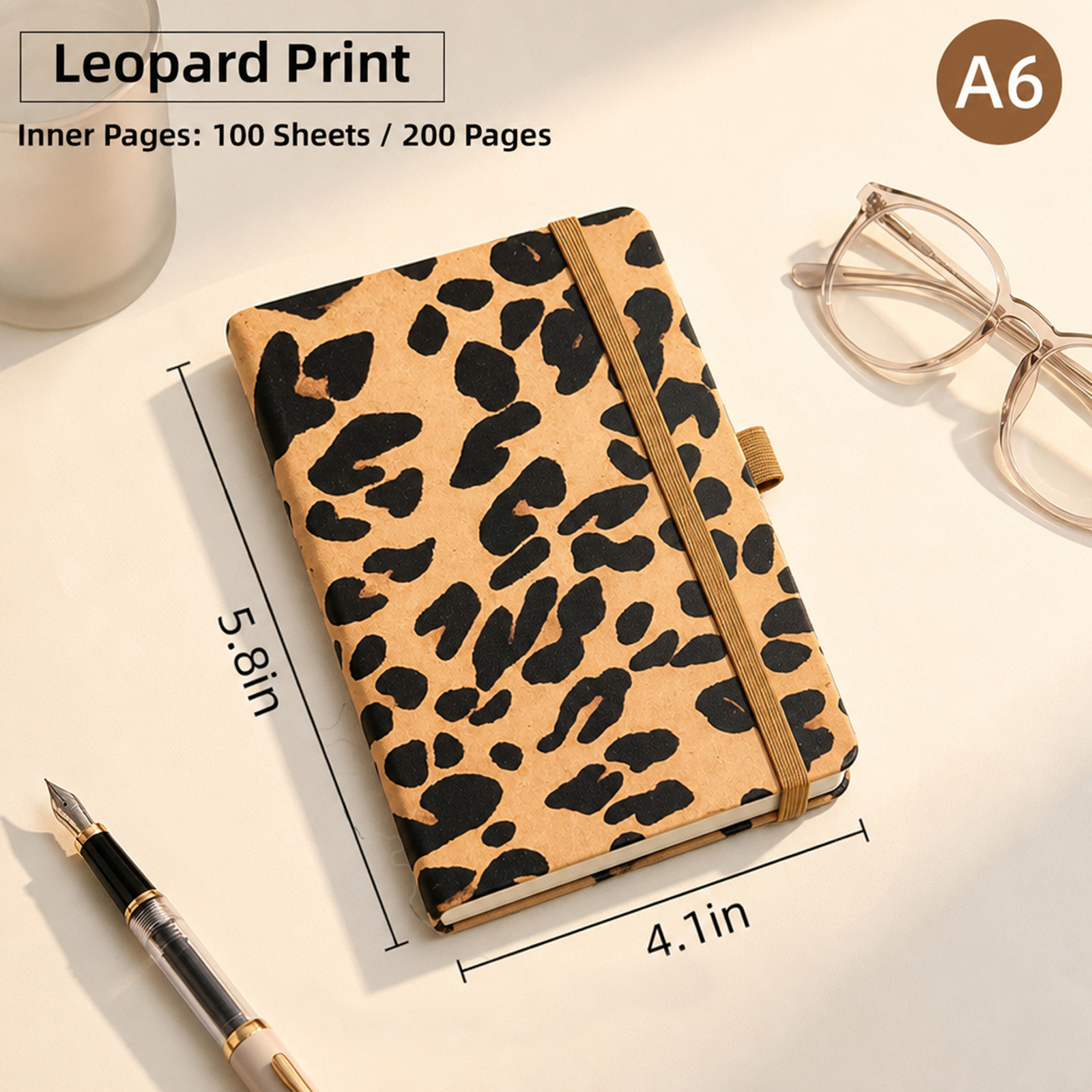 Copertina rigida con stampa leopardata marrone, a6-200 pagine