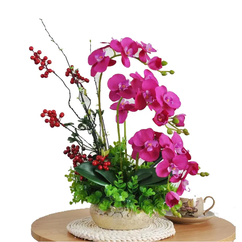 Flores e plantas artificiais decorativas, flores e bonsai de plástico, orquídea artificial para não seda