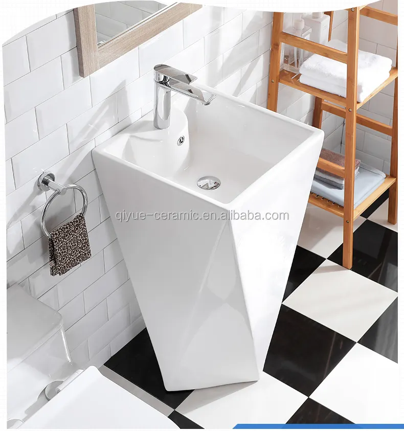 Lavabo de mano independiente con forma de diamante, lavabos de pedestal de una pieza para baño de cerámica