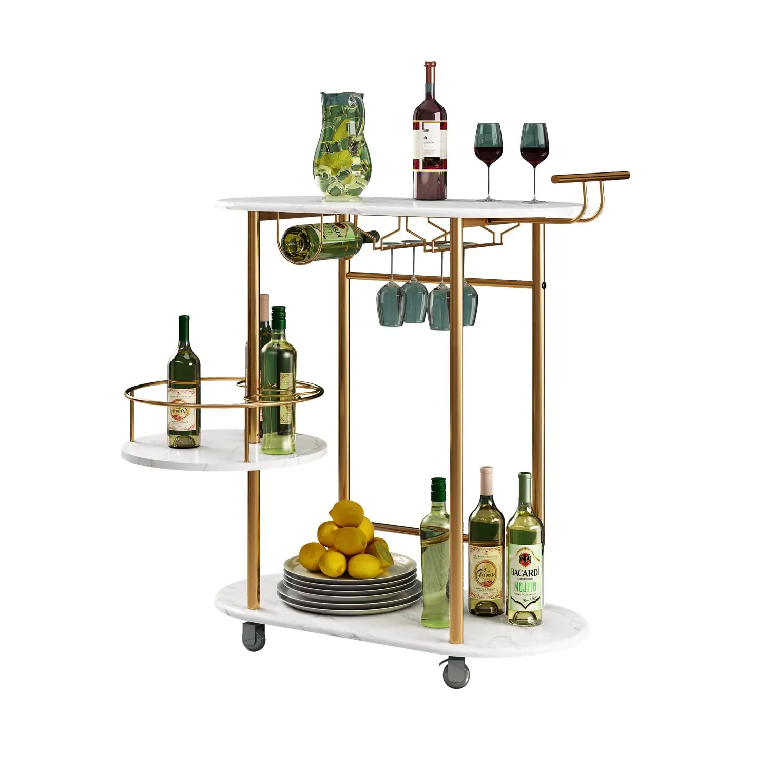 Carrinhos de barras de ouro com prateleiras giratórias de 3 camadas, carrinho de servir bar móvel com suporte para vinho e suporte de vidro, para o lar