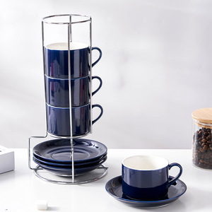 8 Ounce Espresso <strong>Cups</strong> with Saucers, Metal Stand, Small Stackable Coffee <strong>Cups</strong> Set of <strong>4</strong>, Ceramic Demitasse <strong>Cups</strong> - Product Image 1