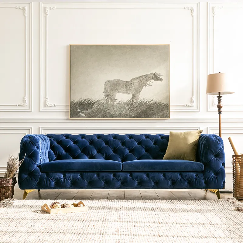Sofá contemporâneo de tecido veludo azul moderno para sala de estar