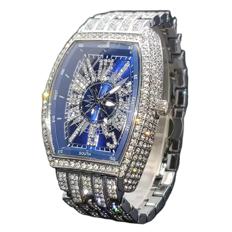 Vol Met Diamant Hiphop Raar Digitaal Herenhorloge Wijnvat Vormige Zwarte Schijf Knap Rap Quartz Horloge