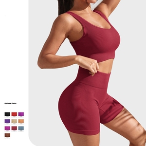 シームレスな女性用ヨガスポーツトップとハイウエストのヒップリフティングフィットネスパンツクイックドライ水分吸収ジムセット