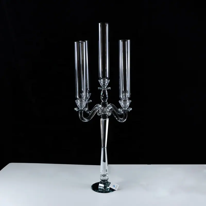 Venda quente Candelabro de cristal com 5 braços para velas, candelabros modernos de vidro para mesa de casamento