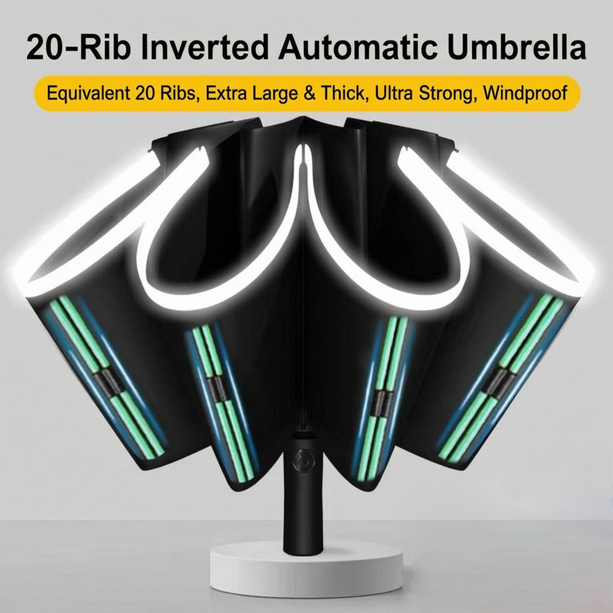 Paraguas automático inverso de 20 varillas, 10K - Negro Obsidiana