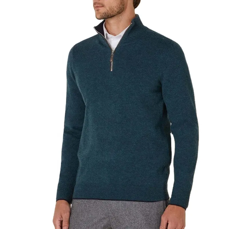 Pulôver masculino 100% puro de lã com zíper, suéter clássico de caxemira com meio zíper, manga comprida e alta, padrão de inverno em malha