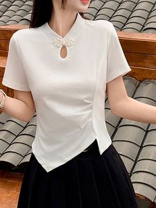 レトロな新中国スタイル改善チョンサムネイルパンバックル半袖Tシャツ女性用サマーラグジュアリートップ