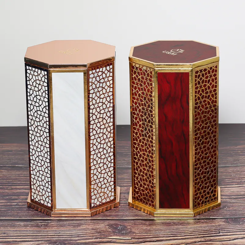 Cajas de papel de perfume decorativas con placa de níquel brillante, cartón dorado, única, personalizada