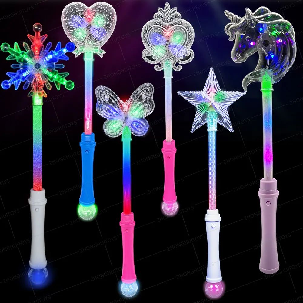 Peri aydınlık Light Up yıldız değnek renkli aydınlatma oyuncak Unicorn Baton LED kar tanesi değnek Glow işık-up çocuk için oyuncak