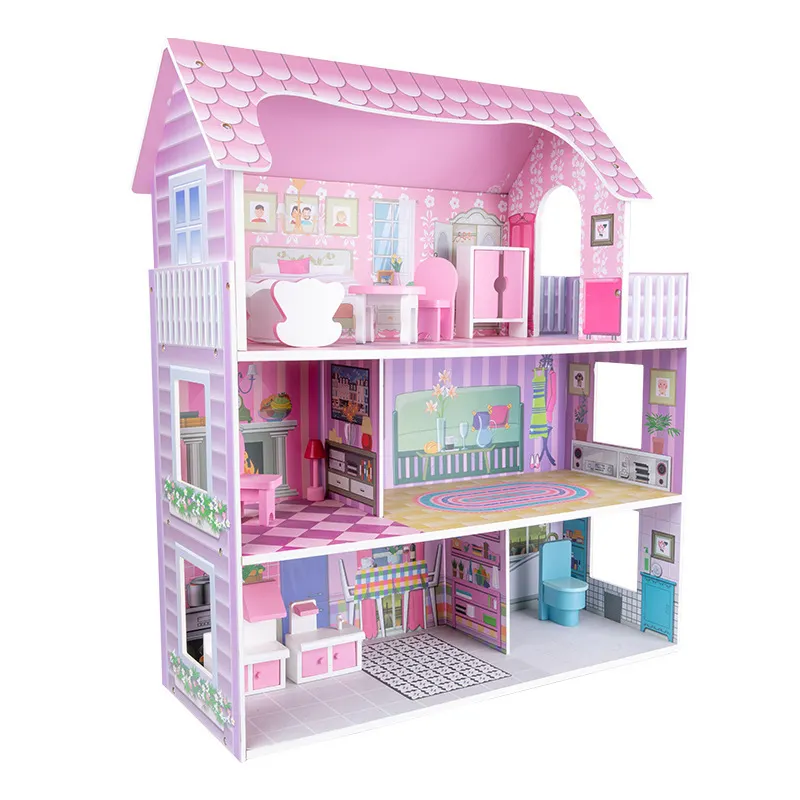 DIY Simulasi Berpura-pura Bermain Mainan Rumah Boneka Merah Muda dengan Mini Mebel Mainan Rumah Boneka Kayu untuk Anak Perempuan