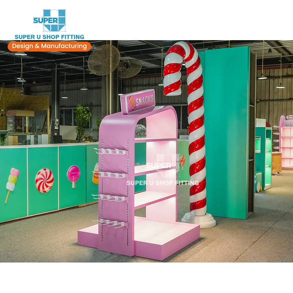 Décorations de magasin de snack colorées personnalisées cannes de bonbon de Noël rose présentoir présentoir de magasin de bonbons au détail