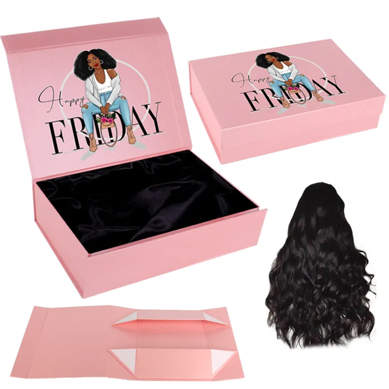 Caja de papel rosa personalizada, pelucas de cabello magnéticas para cajas de embalaje, regalo con logotipo