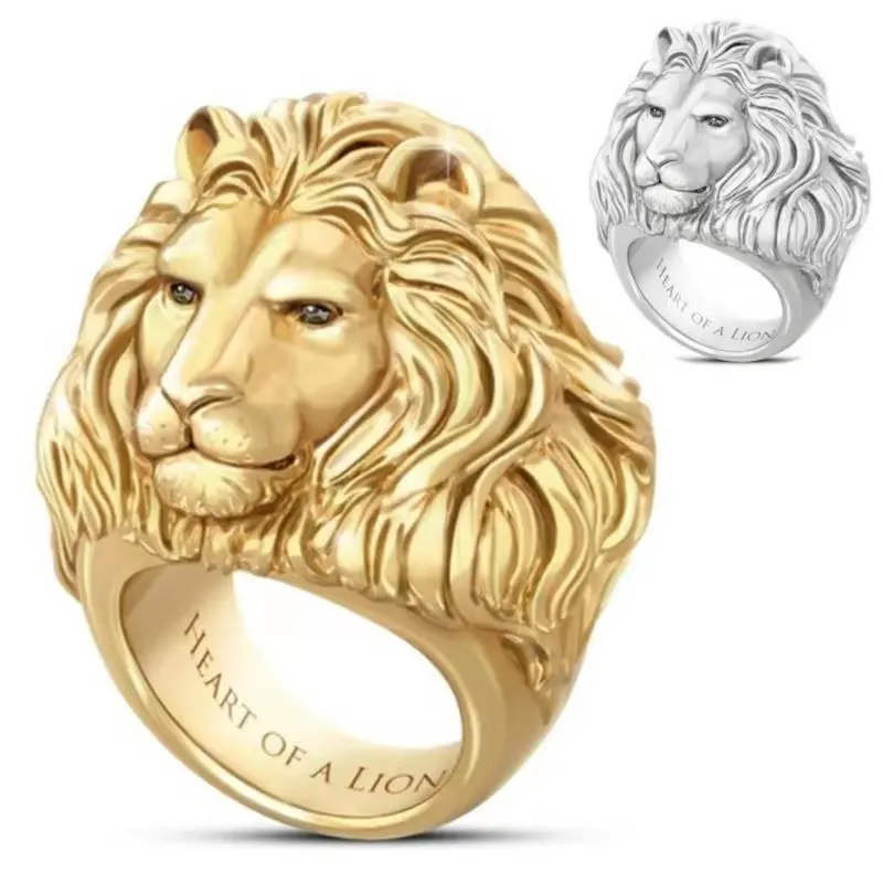 แหวนฮิปฮอปสไตล์ฮิปฮอปสำหรับผู้ชายดีไซน์แฟชั่นแหวนทองรูปหัวสิงโตชุบทอง18K แหวนฮิปฮอปพังค์