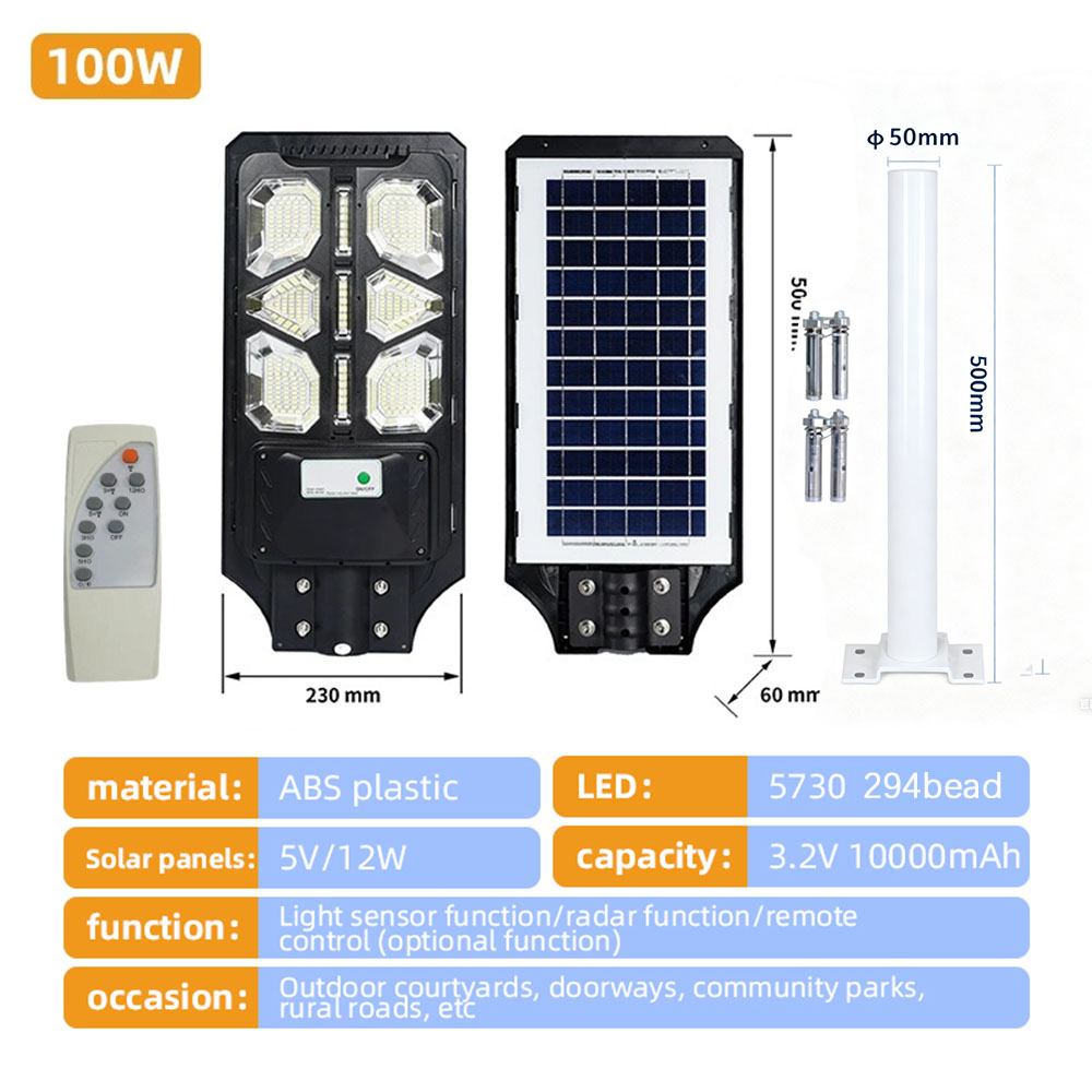Lampadaire solaire 100W + support + télécommande