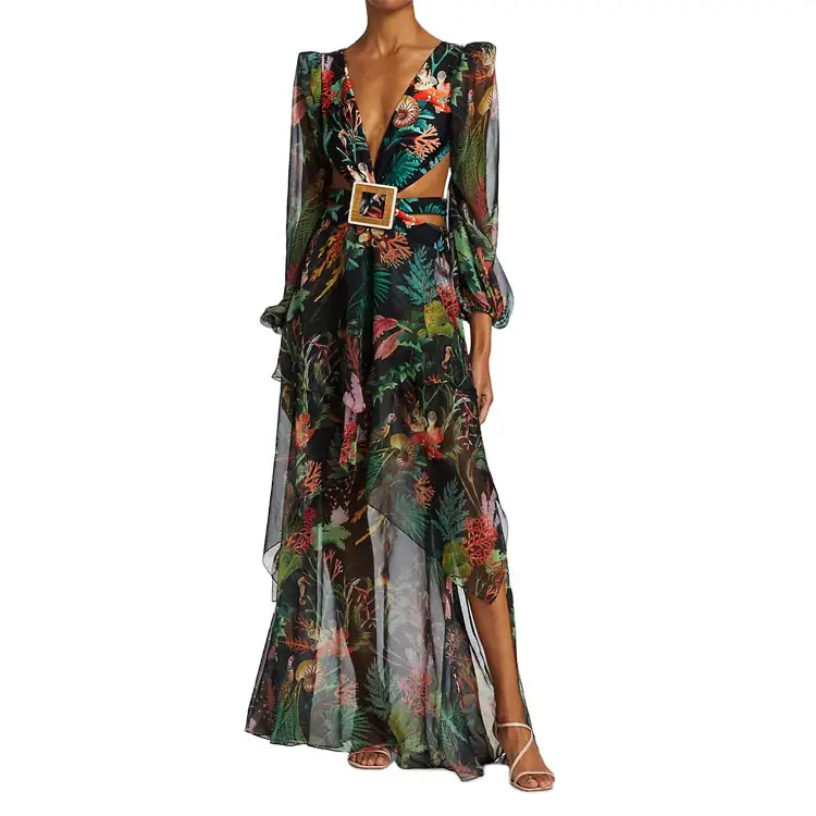 Maxi vestido boêmio feminino de verão, praia, manga balão, estampado, floral, corte em chiffon, luxuoso, 2022