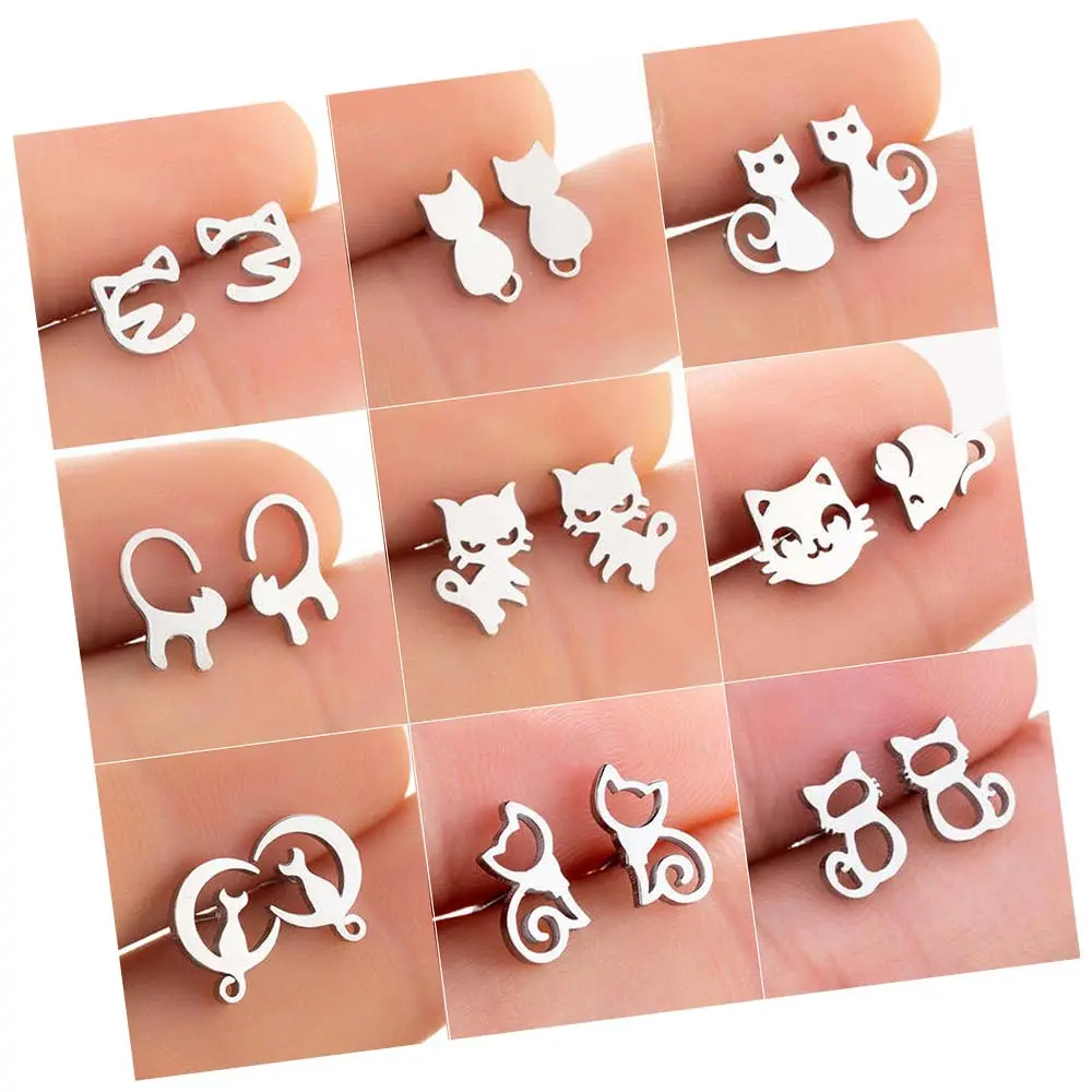 Bonne chance argent or Rose noir mignon petit animal chat boucles d'oreilles en forme de chat en acier inoxydable plaqué or 18 carats