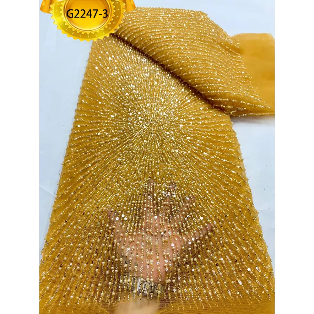 G2247New Popular Gold Tulle Laces Fabrics High Quality Nigerian Net Lace Handmade Pearls Beaded African Sequins Lace For Wedding