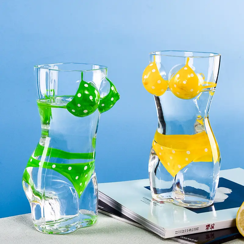 Wholesale of glass beer cup whiskey glasses sexy lady body shaped chest colored beer cup with hand painting