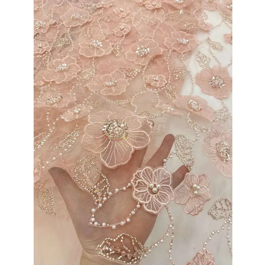 Melhor 3D-flower Frisado Francês Lace Bordado Tule Lace tecido Soft Net Para As Mulheres Vestido De Noiva De Casamento