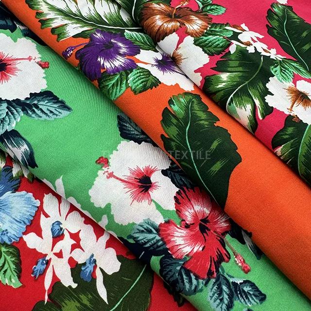 Alta calidad 3068 rayón Hawaii diseño personalizado impresión 100% viscosa rayón vestido camisas tela stock lotes en China KeQiao almacén