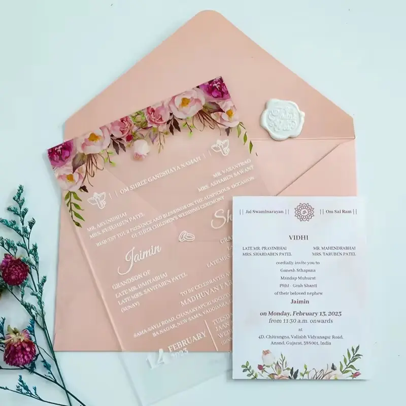 Fancy Transparent Frosted Acrylic Quinceanera Birthday Wedding Gift Invitation Card with Pink Envelope Wax Sealing