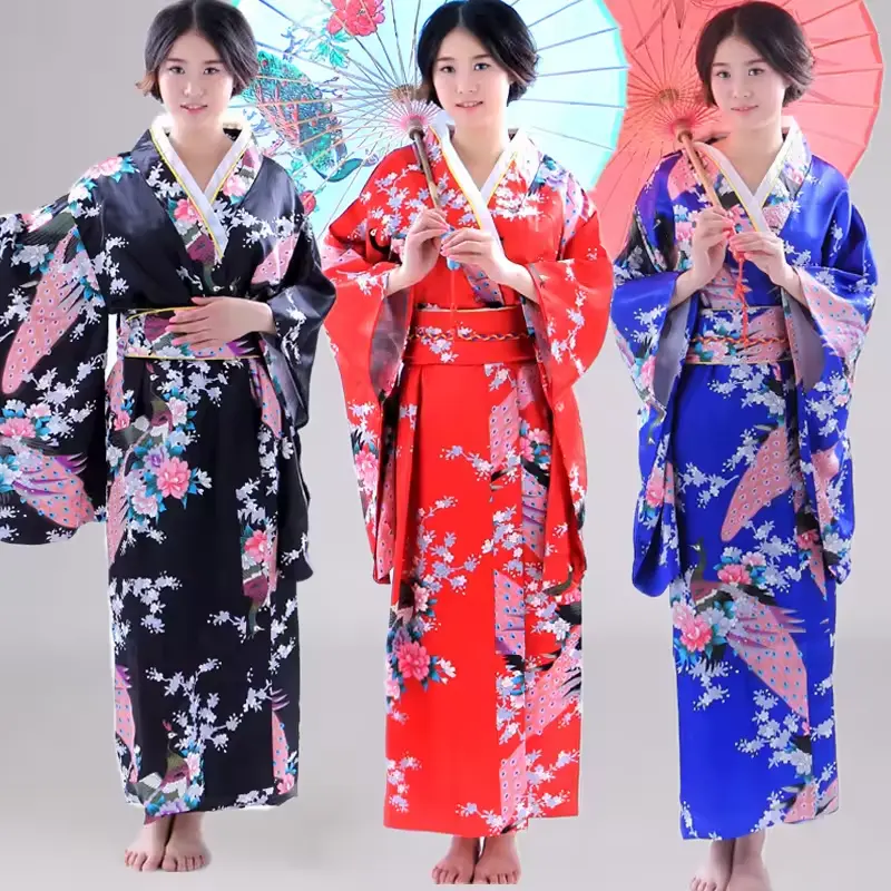 Kimono japonés tradicional con estampado floral para mujer, bata Yukata de pez dorado (sin paraguas)