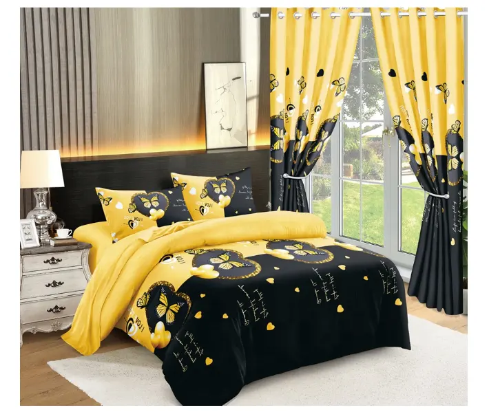African Style Yellow Black Heart Printed King 6PCS Polyester Curtain Bedding Set