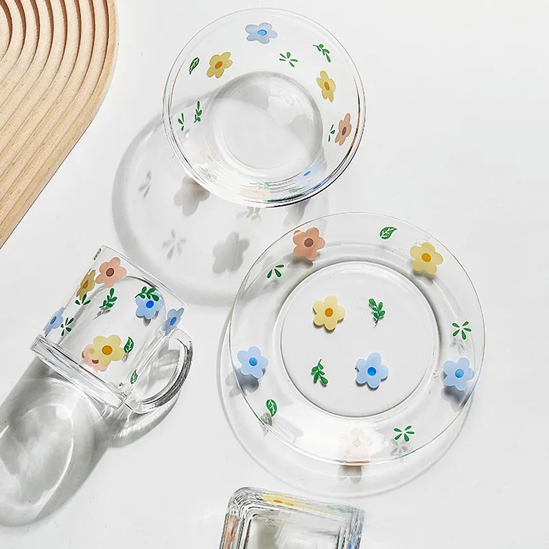 Nordic Style Glas Teller niedlich durchsichtig Geschirr Obst Milch Salat Teller Schüssel Tassen-Sets für Hochzeit Geschenk