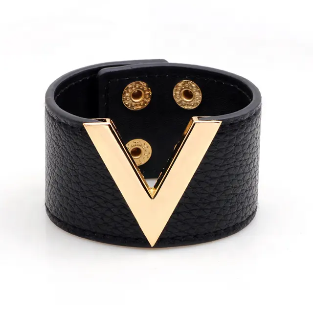 Pulsera ancha de cuero americano y europeo para mujer, brazalete de alta calidad con escote en V