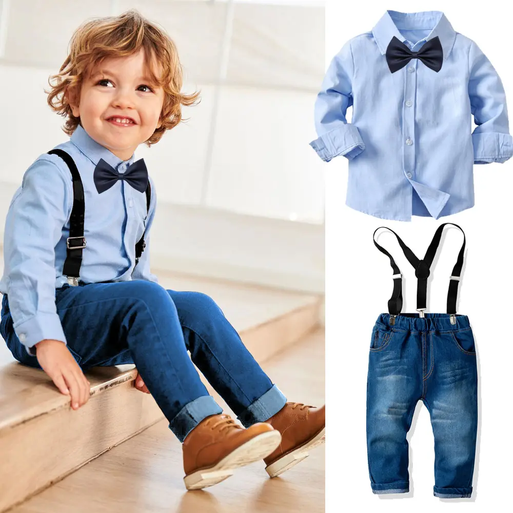 Crianças Meninos Camisa de Manga Longa Calça Jeans Suspender 2 Peças de Roupas Set Crianças Outono Roupas Da Moda Desgaste