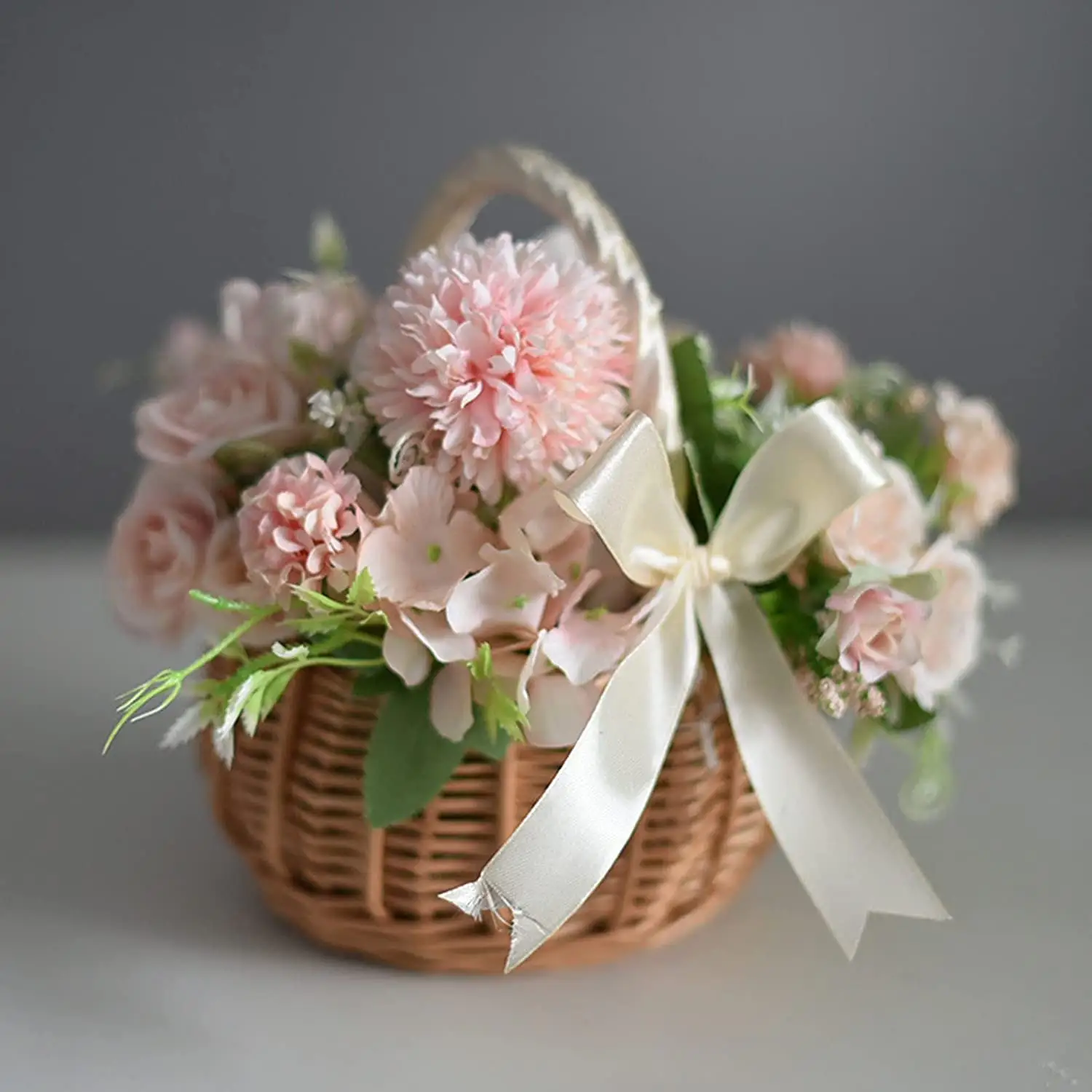 Caja colgante de ratán con cinta de flores para niña, contenedores de almacenamiento tejidos para regalo, decoración de boda, cesta de mimbre