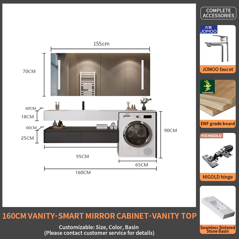 160Rock Slab Ceramic Basin + Smart Mirror Cabinet