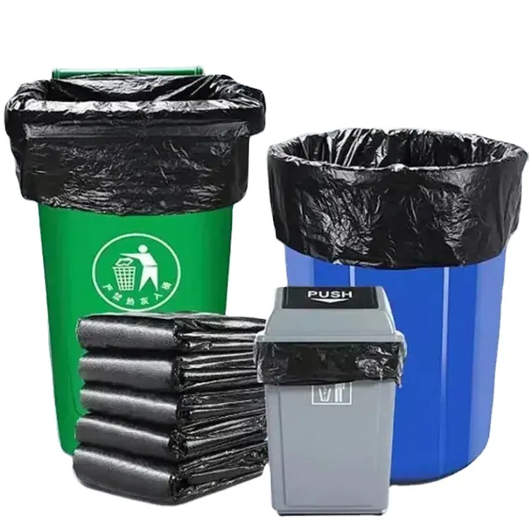 Tas sampah gulungan hitam mudah terurai tugas berat tas sampah kapasitas besar kantong plastik mulut datar kantong sampah besar