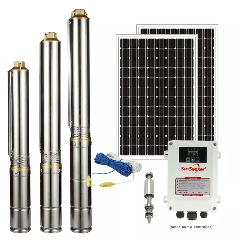 Pompe solaire avec types d'hélice, 4 pouces, sans balais, système centrifuge (en plastique), avec boîte de contrôle en métal, livraison gratuite, chine