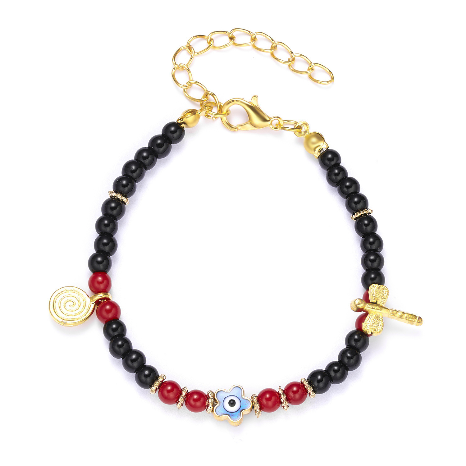 Flowers Dragonfly Black Red Beads