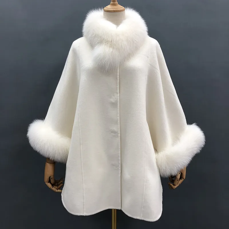 Fashion Women White Cashmere Wool Poncho Shawl With Real Fox Fur Collar