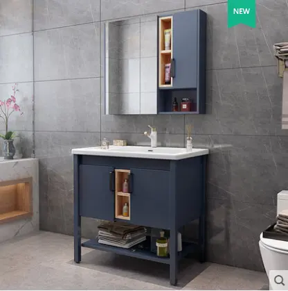 Ensemble de vanité agricole en campagne bleu foncé avec miroir de rangement, mobilier de salle de bain imperméable bon marché, armoire de rangement décorative, 35 pouces