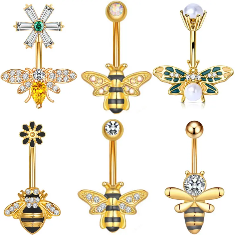 YICAI Multistyled in acciaio inossidabile 316L CZ Bee insetti anelli per ombelico per le donne anello di pancia di fiori di ape di cristallo