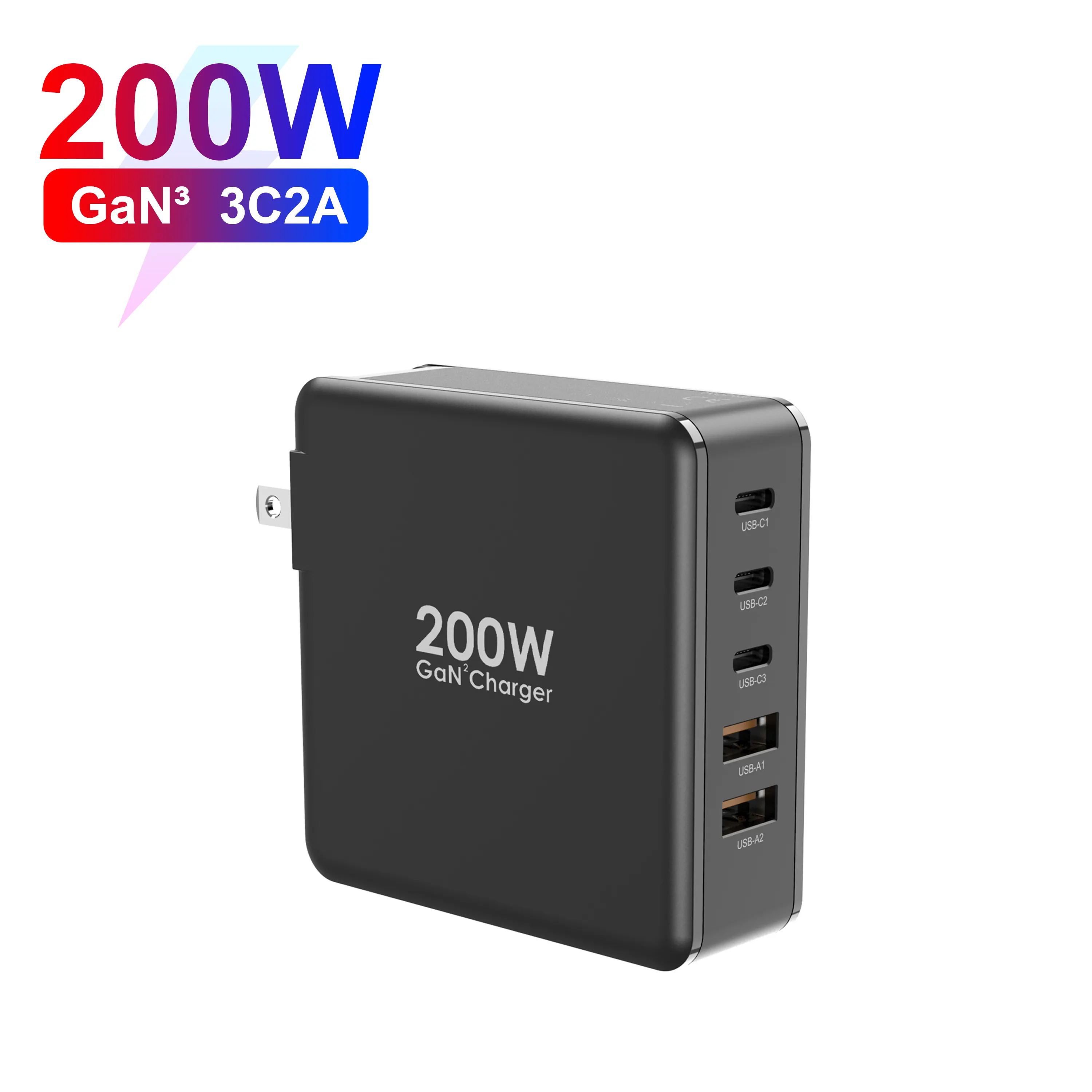 Pengisi daya dinding 200W 3A2C PD GAN 100W, pengisi daya dinding Tipe C PD 3.0, adaptor Laptop USB-C, pengisi daya PPS cepat dengan perjalanan US/EU/UK/AU Plug CE FCC