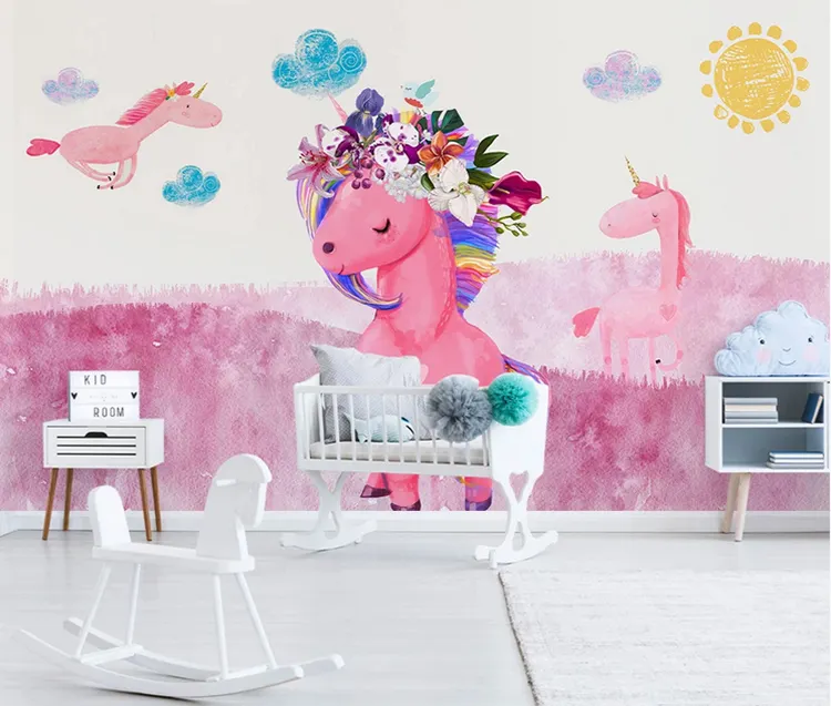 Mural pintado a mano con unicornio rosa para pared, papel pintado con cáscara de caballo y palo para habitación de niños