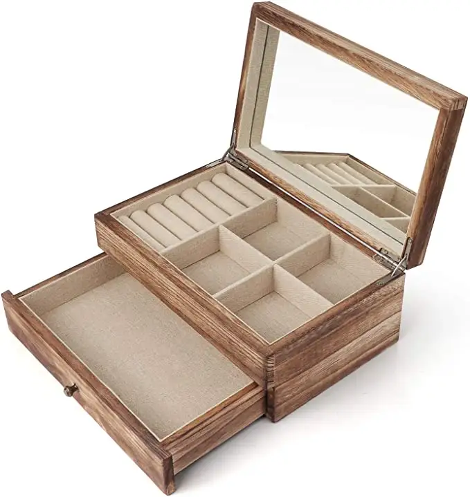 Personalizado espelho de caixas de jóias de madeira do vintage com colar anel organizador de armazenamento de gaveta